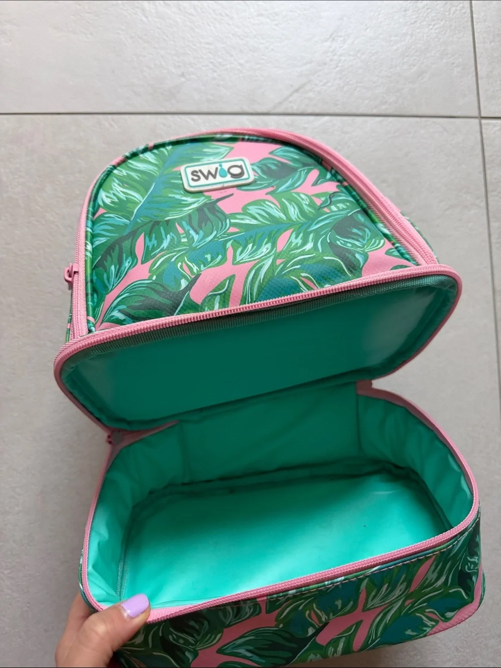 SWIG Pink & Green Tropical Leaf Cosmetic Lunch Bag